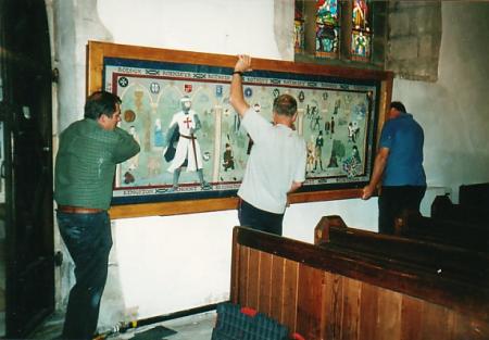 Geoff, Robert and Mr McRae from Ryte Lines of Leicester fixing the Hanging in Rothley Parish Church on the 13th July 2000