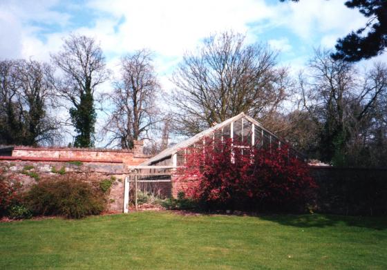 Looking to the walled garden and greenhouse from the outside. March 2002