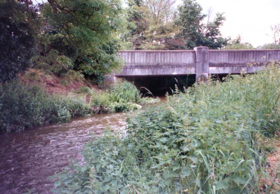 The bridge over Rothley Brook on Hallfields Lane. From Bunney's Field. 2001