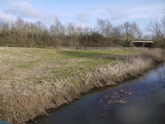 Site 309 to the left of Rothley Brook from Farnham Bridge. By-pass bridge over the brook in the distance. February 2015