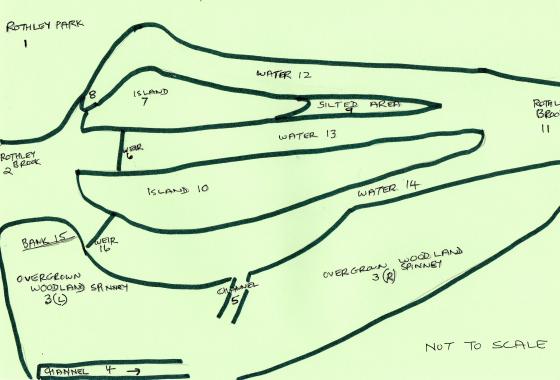 Site 174 Working diagram of the areas of water. The numbers relate to those on the following photos to help identify the area shown. February 2004