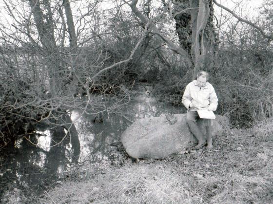 Site 183 Pond 21 North Stocking Pond. Brian on an interesting stone. Boundary Stone? November 2004