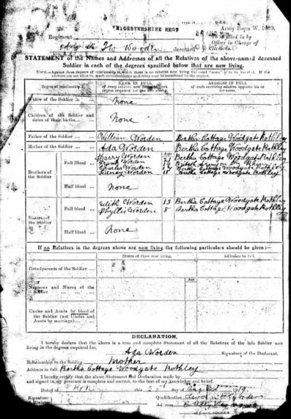 The Official Declaration by Frederick's mother detailing the names and whereabouts of all surviving relatives. Bertha Cottages on Woodgate, Rothley.